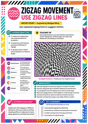 Bridget Riley Inspired Zigzag Movement Worksheet | Optical Art Drawing | KS3