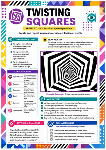 Bridget Riley Inspired Twisting Squares Worksheet | Optical Illusion Art | KS3