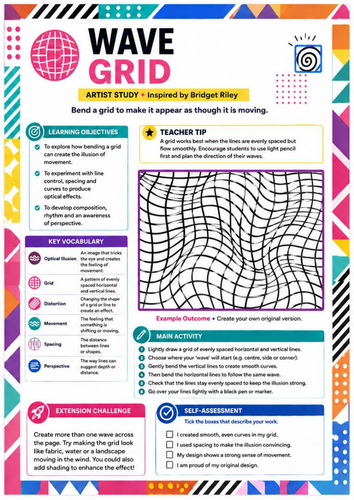 Bridget Riley Inspired Wave Grid Worksheet | Optical Illusion Drawing | KS3 Art
