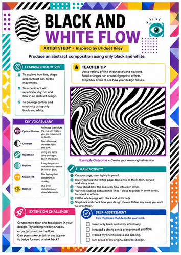 Bridget Riley Inspired Black and White Flow Worksheet | Op Art Drawing | KS3
