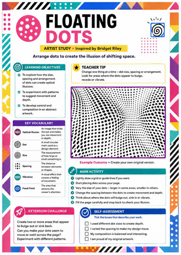 Bridget Riley Inspired Floating Dots Worksheet | Optical Illusion Art | KS3