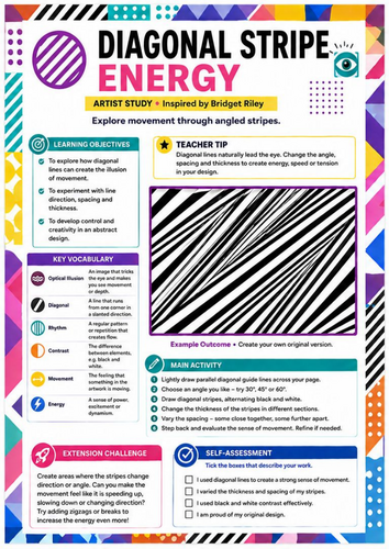 Bridget Riley Inspired Diagonal Stripe Energy Worksheet | Op Art | KS3 Art
