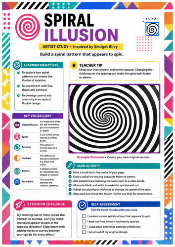 Bridget Riley Inspired Spiral Illusion Worksheet | Optical Art Drawing | KS3