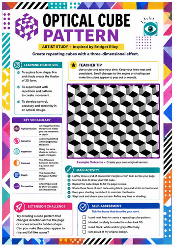 Bridget Riley Inspired Optical Cube Pattern Worksheet | 3D Op Art | KS3