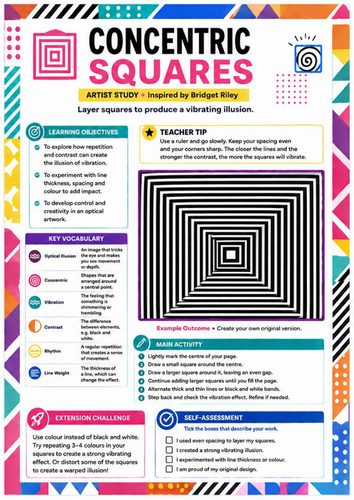 Bridget Riley Inspired Concentric Squares Worksheet | Op Art Illusions | KS3