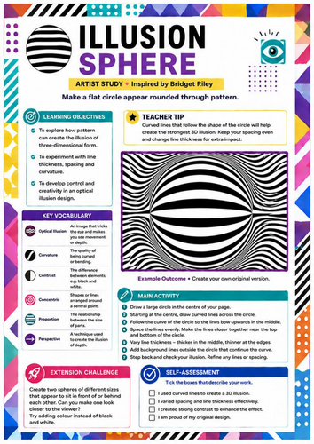 Bridget Riley Inspired Illusion Sphere Worksheet | 3D Optical Art | KS3 Art