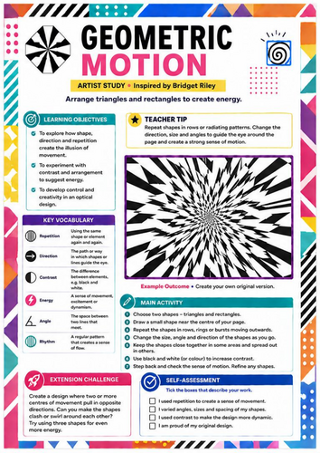 Bridget Riley Inspired Geometric Motion Worksheet | Op Art Drawing | KS3