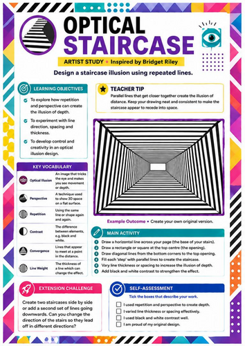 Bridget Riley Inspired Optical Staircase Worksheet | 3D Illusion Drawing | KS3