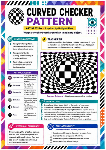 Bridget Riley Inspired Curved Checker Pattern Worksheet | 3D Op Art | KS3