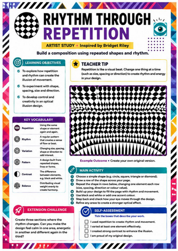 Bridget Riley Inspired Rhythm Through Repetition Worksheet | Op Art | KS3 Art
