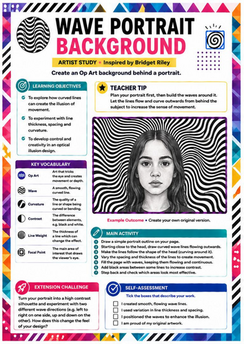 Bridget Riley Inspired Wave Portrait Background Worksheet | Op Art | KS3 Art