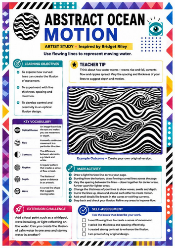 Bridget Riley Inspired Abstract Ocean Motion Worksheet | Op Art | KS3 Art