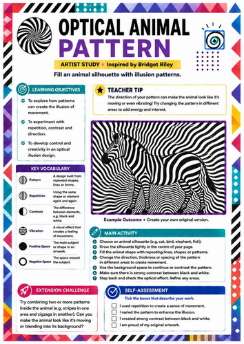 Bridget Riley Inspired Optical Animal Pattern Worksheet | Op Art | KS3 Art