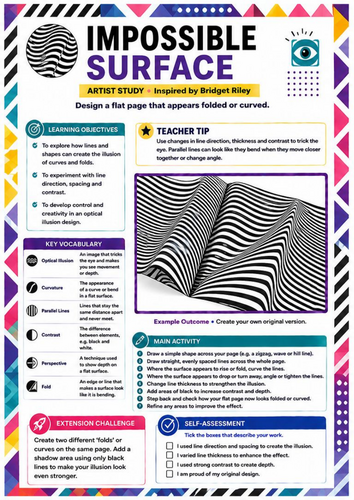 Bridget Riley Inspired Impossible Surface Worksheet | Optical Illusion Art | KS3