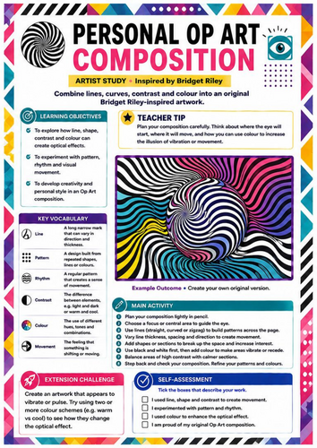 Bridget Riley Inspired Personal Op Art Composition Worksheet | KS3 Art Project