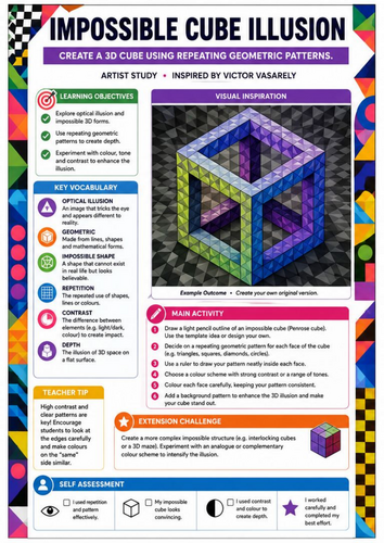 Impossible Cube Illusion | Victor Vasarely Inspired Op Art Worksheet | KS3 KS4 Art