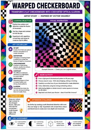 Warped Checkerboard Optical Illusion | Victor Vasarely Inspired Op Art Worksheet