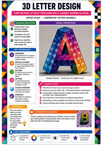 3D Letter Design | Victor Vasarely Inspired Geometric Op Art Worksheet | KS3 KS4
