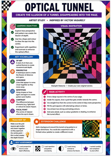 Optical Tunnel Illusion Drawing | Victor Vasarely Inspired Op Art Worksheet | KS3 KS4