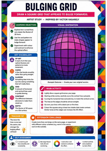 Bulging Grid Optical Illusion | Victor Vasarely Inspired Op Art Drawing Worksheet