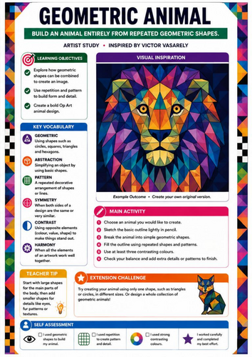 Geometric Animal Drawing | Victor Vasarely Inspired Op Art Worksheet | KS3 KS4
