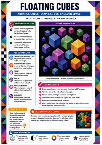 Floating Cubes 3D Drawing | Victor Vasarely Inspired Geometric Op Art Worksheet