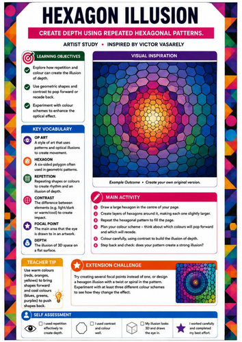 Hexagon Optical Illusion | Victor Vasarely Inspired Geometric Pattern Worksheet
