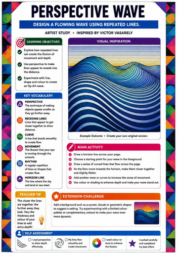 Perspective Wave Drawing | Victor Vasarely Inspired Op Art & Line Worksheet
