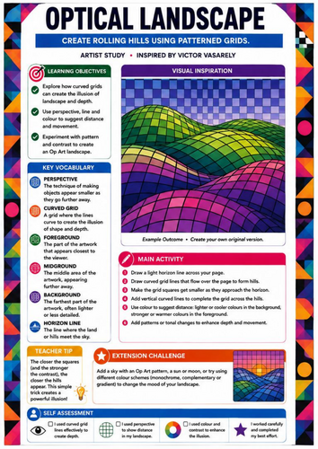 Optical Landscape Drawing | Victor Vasarely Inspired Op Art & Perspective Worksheet