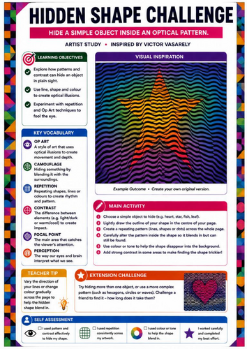 Hidden Shape Optical Illusion | Victor Vasarely Inspired Op Art Worksheet | KS3 KS4