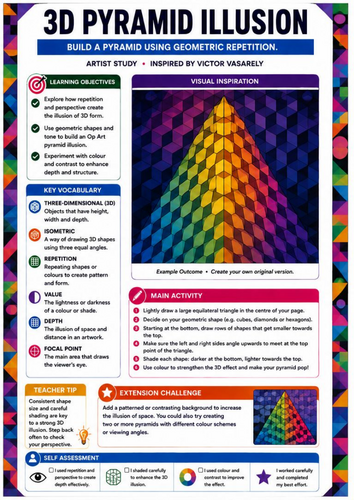 3D Pyramid Optical Illusion | Victor Vasarely Inspired Op Art Worksheet | KS3 KS4