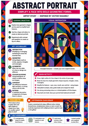 Abstract Geometric Portrait | Victor Vasarely Inspired Op Art Worksheet | KS3 KS4