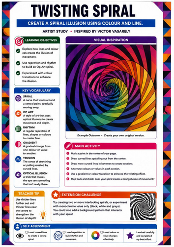 Twisting Spiral Optical Illusion | Victor Vasarely Inspired Op Art Drawing Worksheet