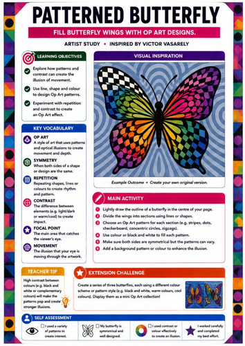 Patterned Butterfly Op Art Drawing | Victor Vasarely Inspired Worksheet | KS3 KS4