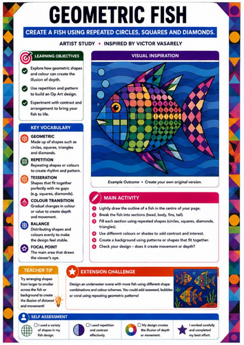Geometric Fish Drawing | Victor Vasarely Inspired Op Art & Pattern Worksheet | KS3 KS4
