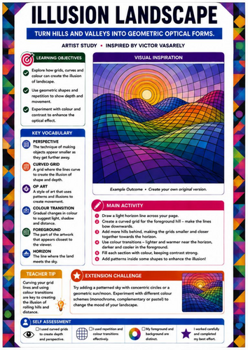 Illusion Landscape Drawing | Victor Vasarely Inspired Op Art & Perspective Worksheet