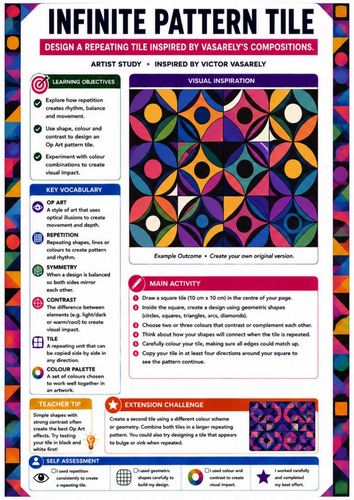 Infinite Pattern Tile | Victor Vasarely Inspired Geometric Op Art Worksheet | KS3 KS4