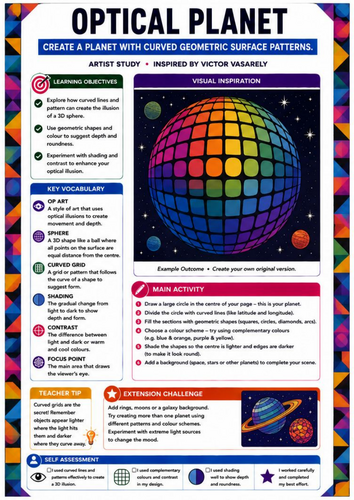 Optical Planet Drawing | Victor Vasarely Inspired Op Art Sphere Worksheet | KS3 KS4