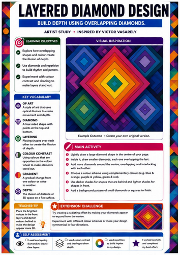Layered Diamond Design | Victor Vasarely Inspired Geometric Op Art Worksheet