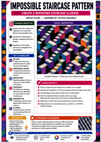 Impossible Staircase Optical Illusion | Victor Vasarely Inspired Op Art Worksheet