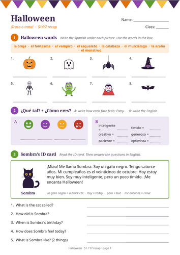 Halloween Spanish Worksheet (S1 / Y7): Name, Age, Birthdays, ¿Qué tal? & Personality