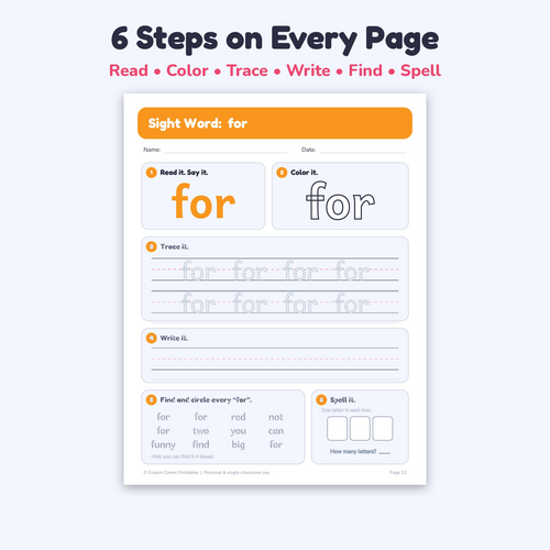 Sight Word Worksheets: 40 Dolch Pre-Primer Words (Read, Trace, Write, Find)
