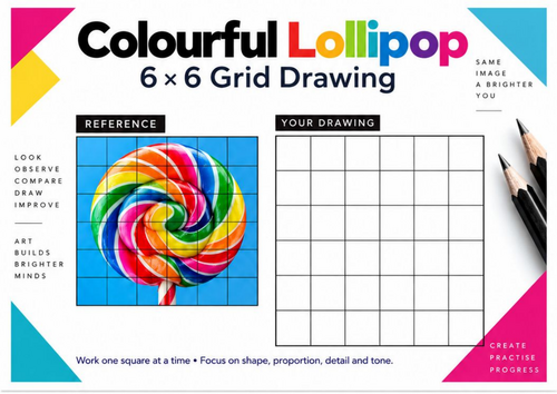 Colourful Lollipop Grid Drawing Worksheet | 6x6 Grid Drawing | KS3 KS4 Art