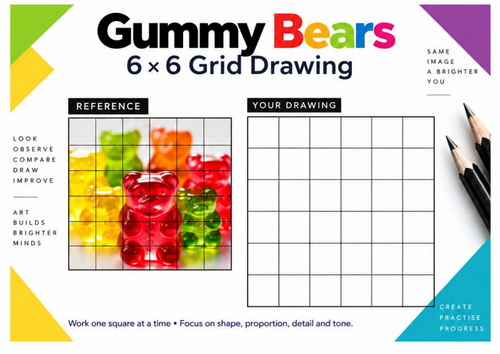 Gummy Bears Grid Drawing Worksheet | Sweets Observational Drawing | KS3 KS4 Art