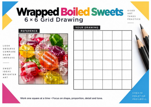 Wrapped Boiled Sweets Grid Drawing Worksheet | Texture & Shading | KS3 KS4 Art