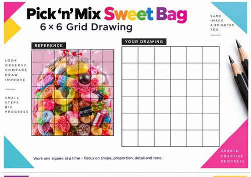 Pick n Mix Sweet Bag Grid Drawing Worksheet | Food Art Activity | KS3 KS4