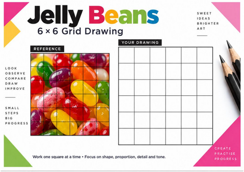 Jelly Beans Grid Drawing Worksheet | Colourful Sweets Drawing | KS3 KS4 Art