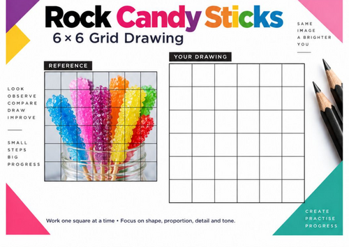 Rock Candy Sticks Grid Drawing Worksheet | Crystal Texture Drawing | KS3 KS4 Art