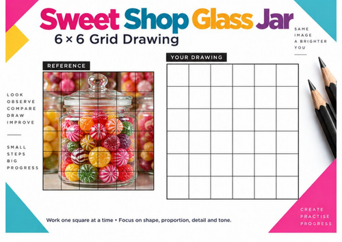 Sweet Shop Glass Jar Grid Drawing Worksheet | Glass & Reflection | KS3 KS4 Art