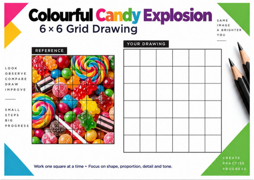 Colourful Candy Explosion Grid Drawing Worksheet | Sweets Art Activity | KS3 KS4